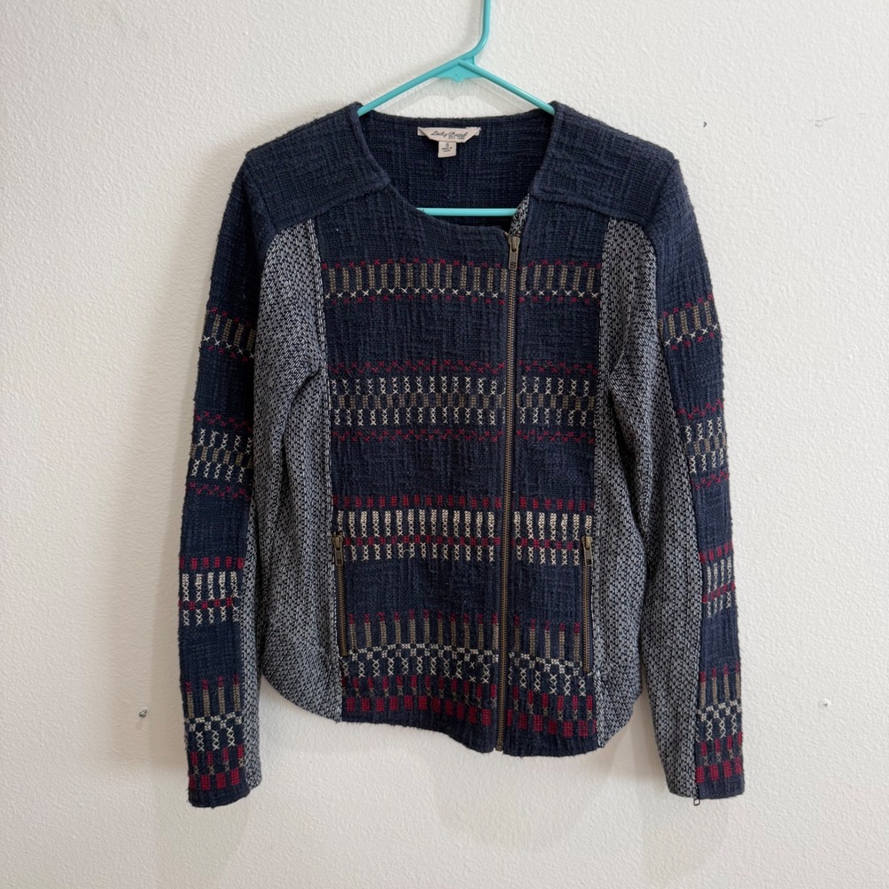 Lucky Brand Navy Blue Embroidered Moto Jacket Cotton Knit Gray Geometric Small